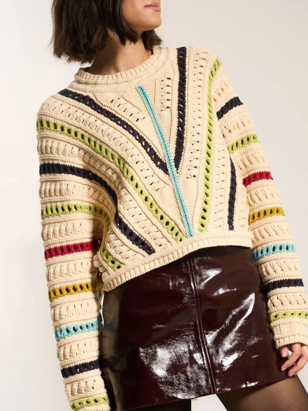 Callahan Cream Open-Knit Crewneck Sweater with Multi Stripes